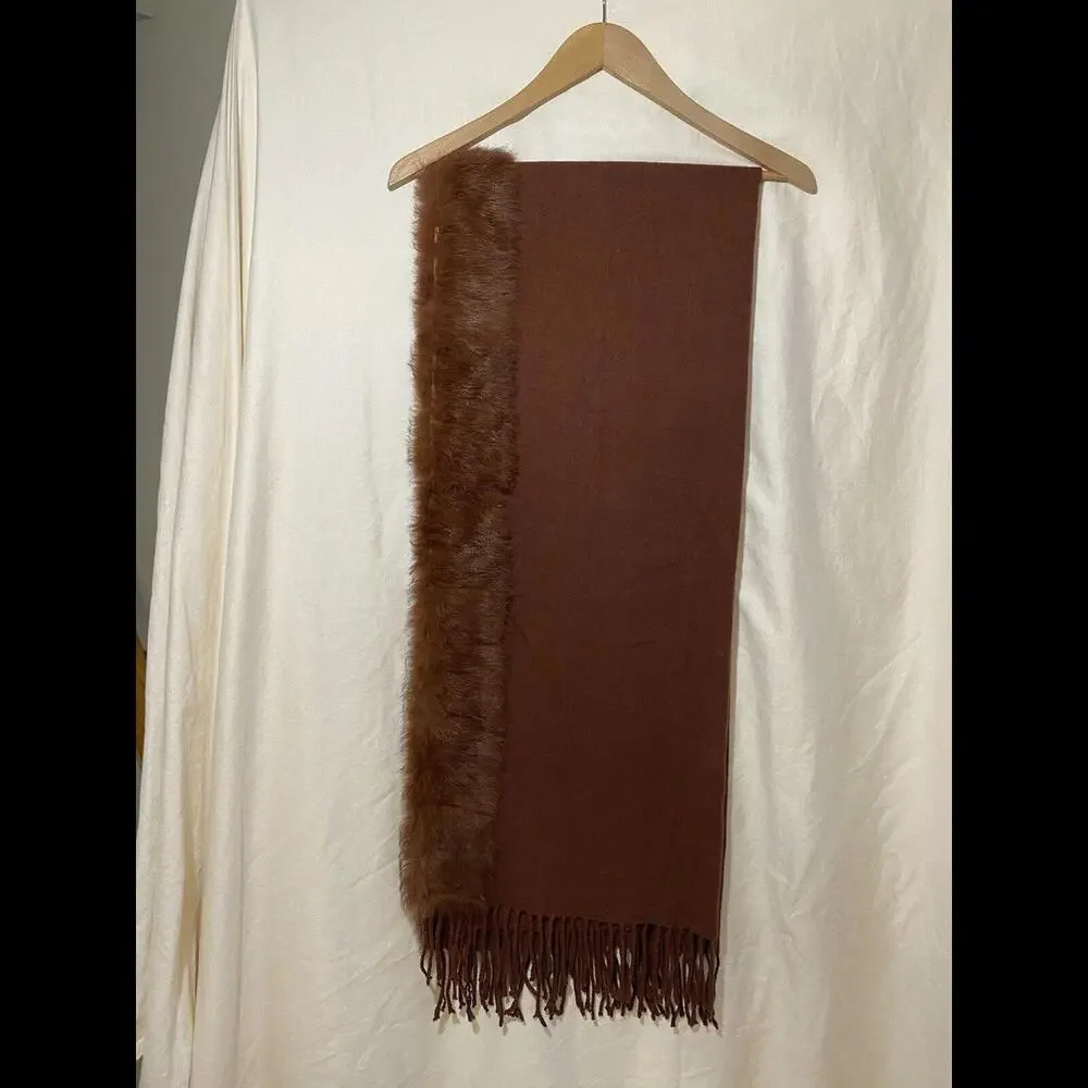 Blue Pacific Wool‎ Viscose Blend Brown Scarf w/Squirrel Fur Feels Like Cashmere